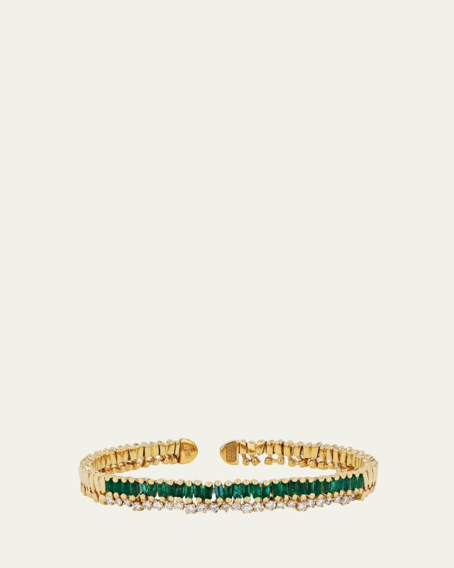 18K Yellow Gold One Of A Kind Short Stack Bangle with Emerald Baguettes and Round White Diamonds